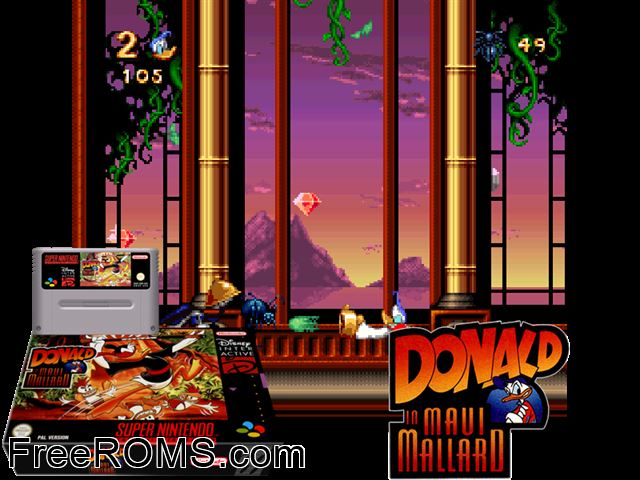 Maui Mallard in Cold Shadow SNES game showing 3D box cover and gameplay screenshot