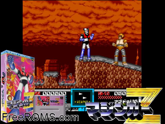 Mazinger Z SNES game showing 3D box cover and gameplay screenshot