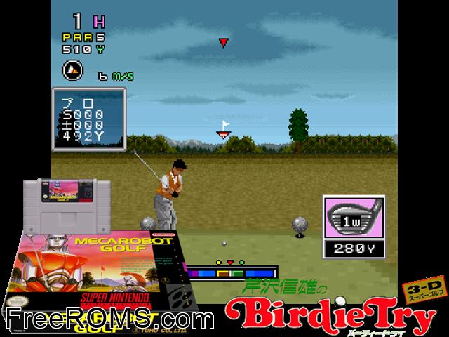 Mecarobot Golf SNES game showing 3D box cover and gameplay screenshot