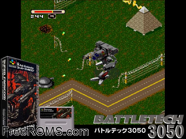 Mechwarrior 3050 SNES game showing 3D box cover and gameplay screenshot