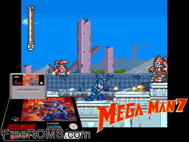 Mega Man VII SNES game showing 3D box cover and gameplay screenshot