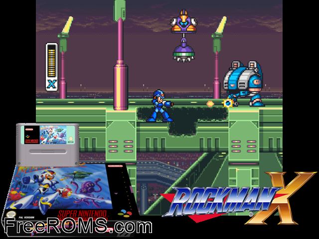Mega Man X SNES game showing 3D box cover and gameplay screenshot