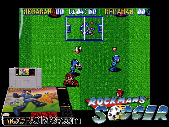 Mega Man's Soccer SNES game showing 3D box cover and gameplay screenshot