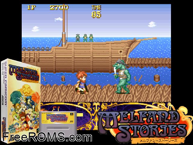 Melfand Stories SNES game showing 3D box cover and gameplay screenshot