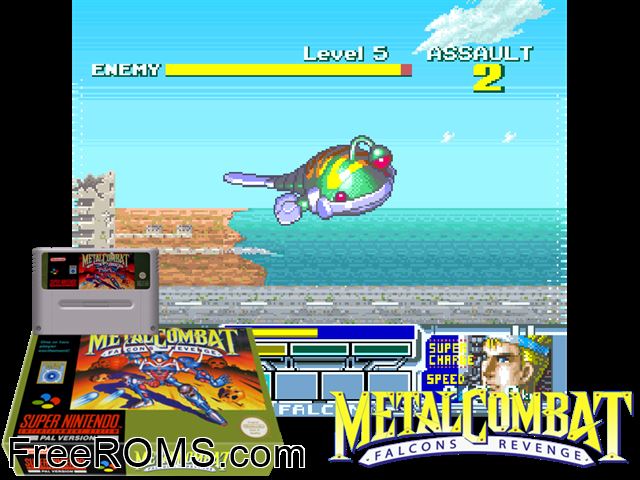 Metal Combat - Falcon's Revenge SNES game showing 3D box cover and gameplay screenshot