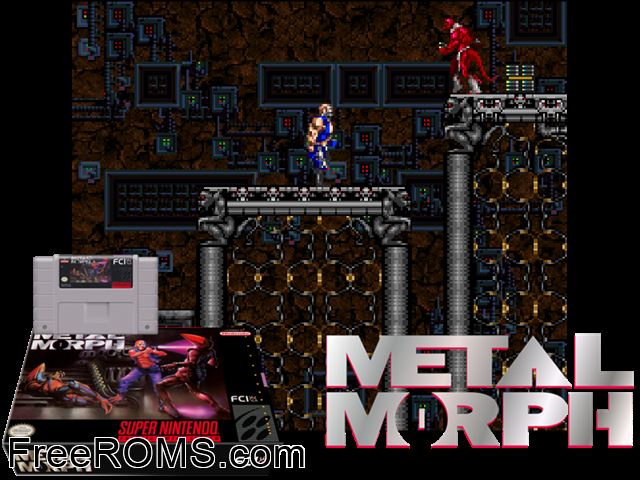 Metal Morph SNES game showing 3D box cover and gameplay screenshot