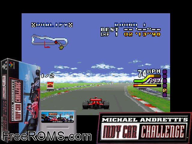 Michael Andretti's Indy Car Challenge SNES game showing 3D box cover and gameplay screenshot