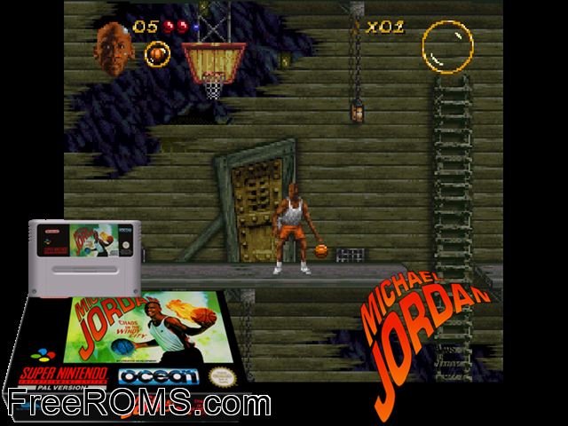 Michael Jordan - Chaos in the Windy City SNES game showing 3D box cover and gameplay screenshot