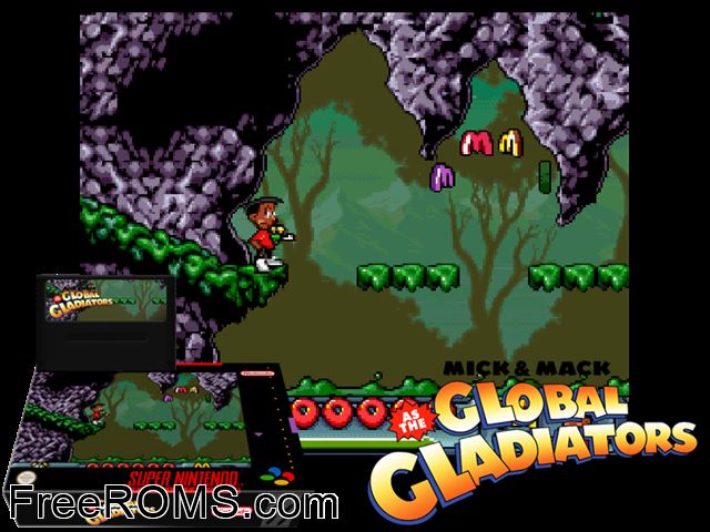 Mick And Mack as the Global Gladiators SNES game showing 3D box cover and gameplay screenshot