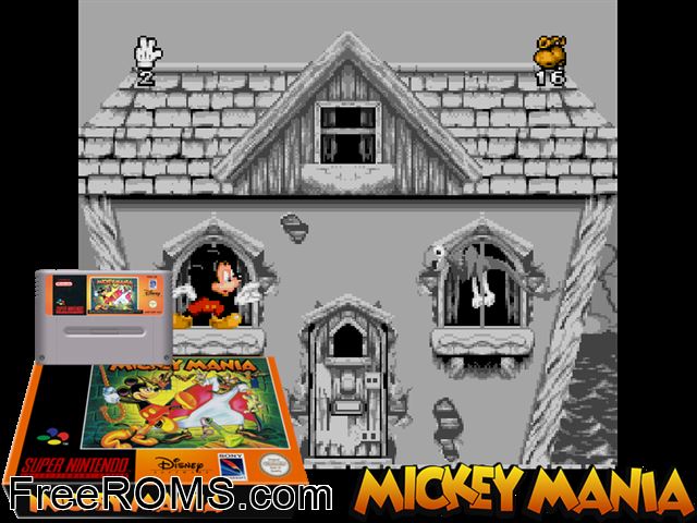 Mickey Mania SNES game showing 3D box cover and gameplay screenshot