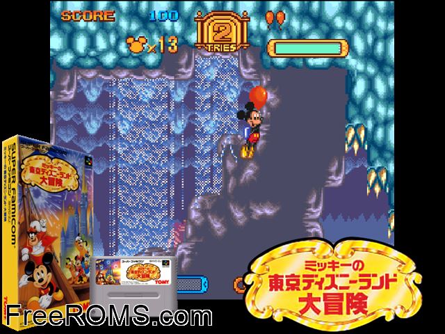 Mickey no Tokyo Disneyland Daibouken SNES game showing 3D box cover and gameplay screenshot