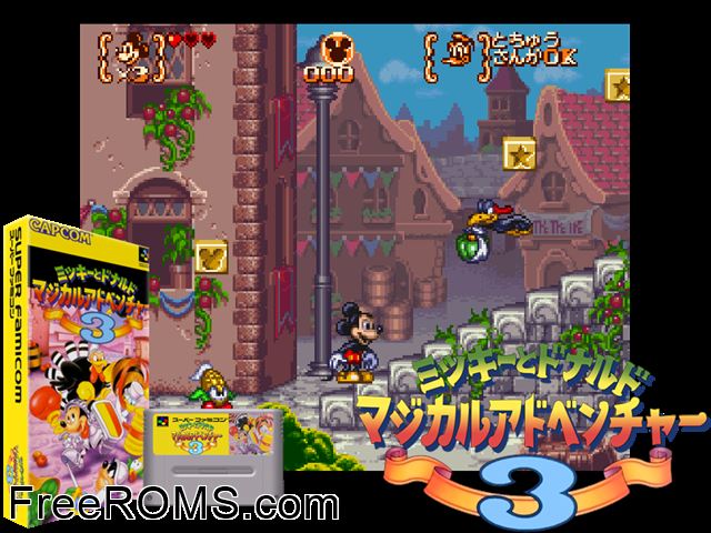 Mickey to Donald - Magical Adventure 3 SNES game showing 3D box cover and gameplay screenshot