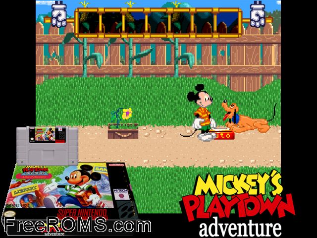 Mickey's Playtown Adventure - A Day of Discovery! SNES game showing 3D box cover and gameplay screenshot