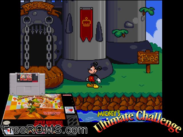 Mickey's Ultimate Challenge SNES game showing 3D box cover and gameplay screenshot