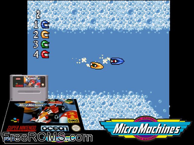 Micro Machines SNES game showing 3D box cover and gameplay screenshot