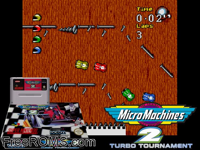 Micro Machines 2 - Turbo Tournament SNES game showing 3D box cover and gameplay screenshot