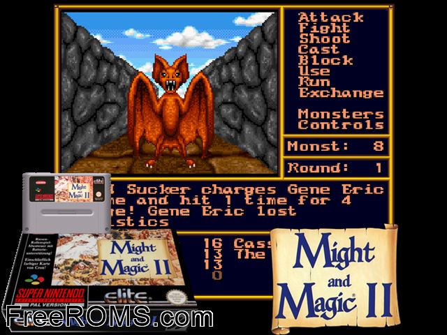 Might and Magic II - Gates to Another World SNES game showing 3D box cover and gameplay screenshot