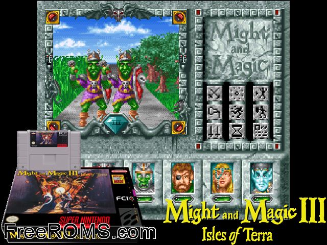 Might and Magic III - Isles of Terra SNES game showing 3D box cover and gameplay screenshot