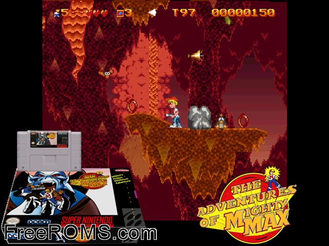 Mighty Max SNES game showing 3D box cover and gameplay screenshot