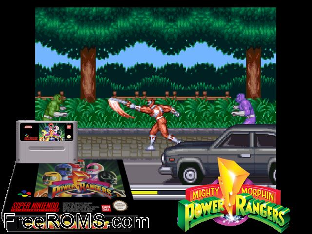 Mighty Morphin Power Rangers SNES game showing 3D box cover and gameplay screenshot
