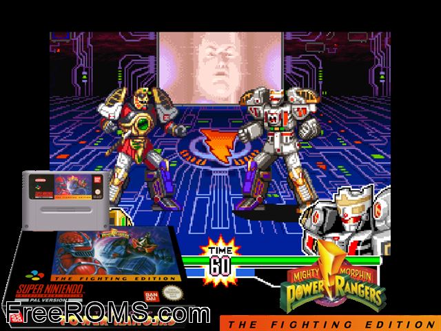 Mighty Morphin Power Rangers - The Fighting Edition SNES game showing 3D box cover and gameplay screenshot