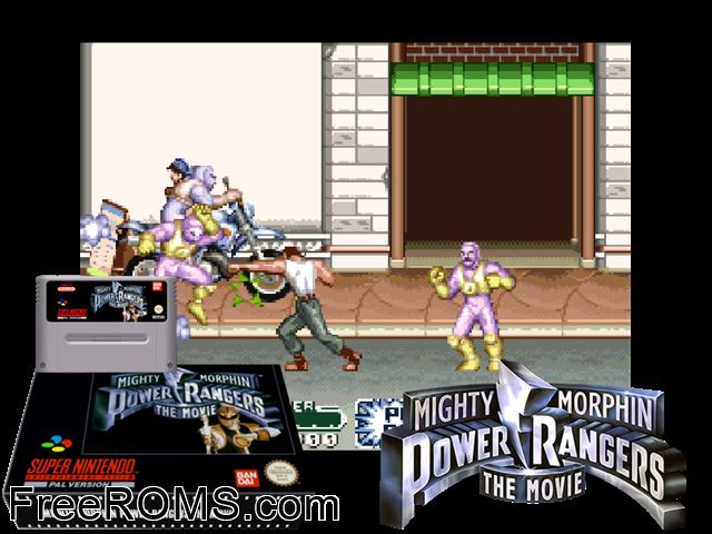 Mighty Morphin Power Rangers - The Movie SNES game showing 3D box cover and gameplay screenshot