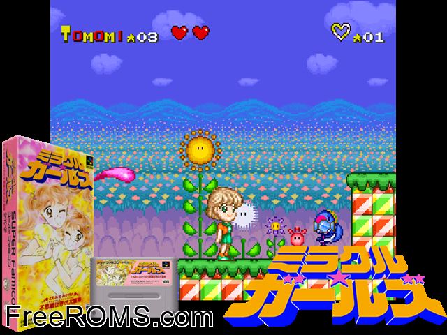 Miracle Girls SNES game showing 3D box cover and gameplay screenshot