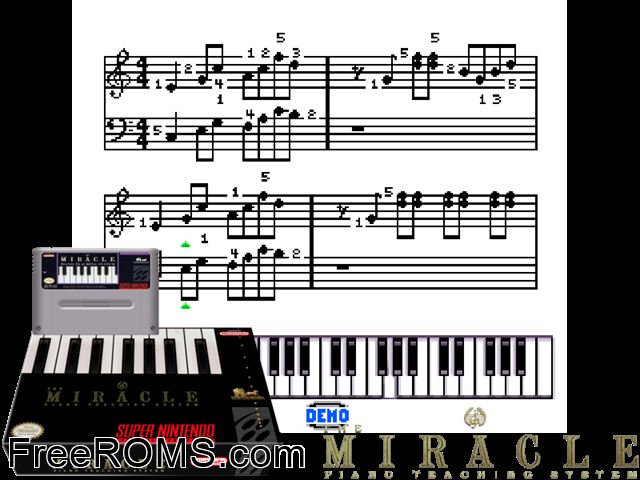 Miracle Piano Teaching System, The SNES game showing 3D box cover and gameplay screenshot