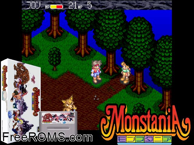 Monstania SNES game showing 3D box cover and gameplay screenshot
