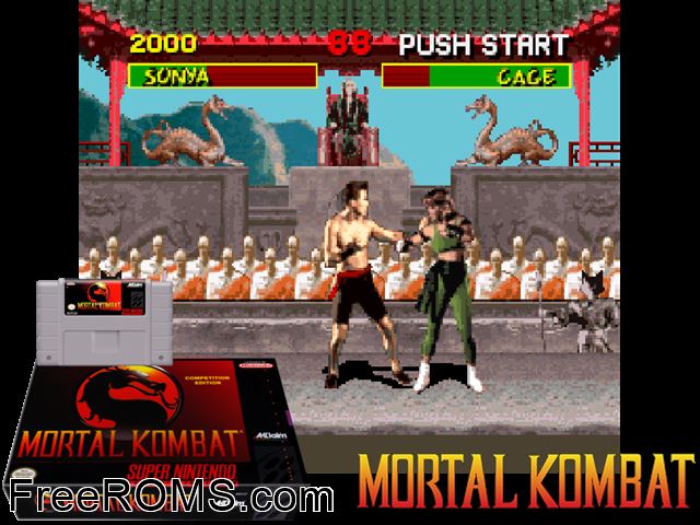 Mortal Kombat SNES game showing 3D box cover and gameplay screenshot
