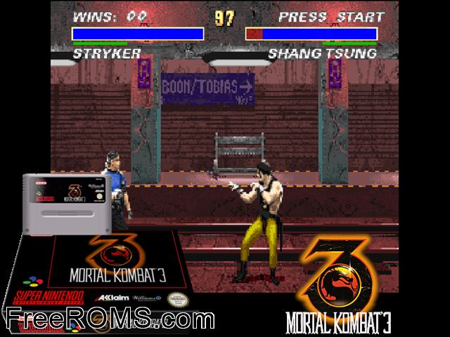 Mortal Kombat 3 SNES game showing 3D box cover and gameplay screenshot