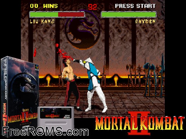 Mortal Kombat II SNES game showing 3D box cover and gameplay screenshot