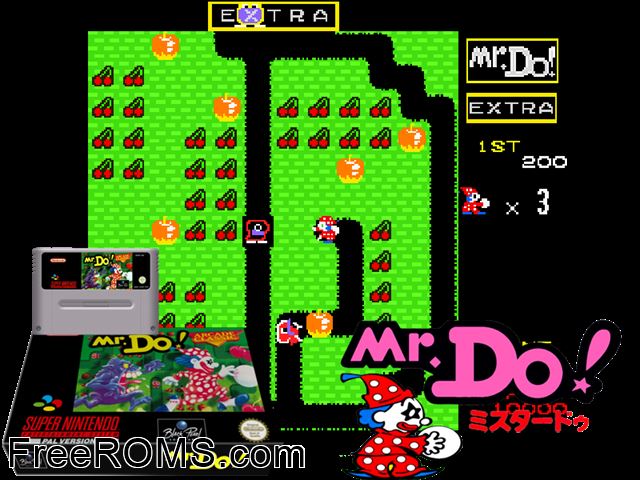 Mr. Do! SNES game showing 3D box cover and gameplay screenshot