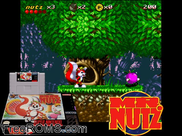 Mr. Nutz SNES game showing 3D box cover and gameplay screenshot