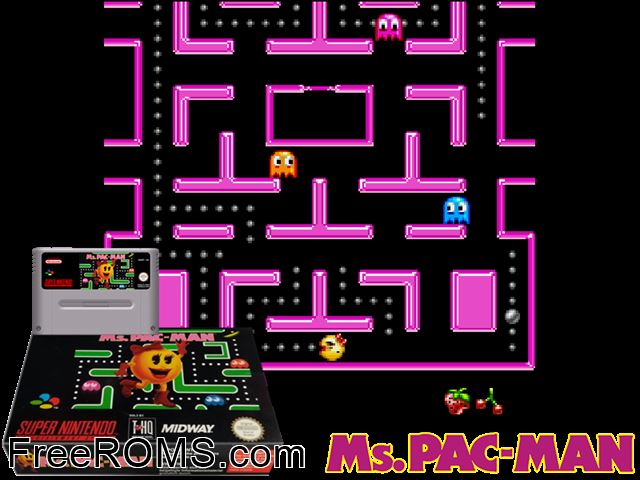 Ms. Pac-Man SNES game showing 3D box cover and gameplay screenshot