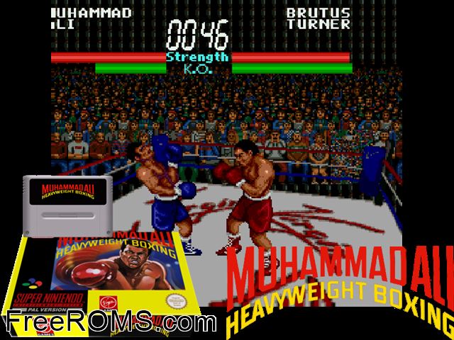 Muhammad Ali SNES game showing 3D box cover and gameplay screenshot