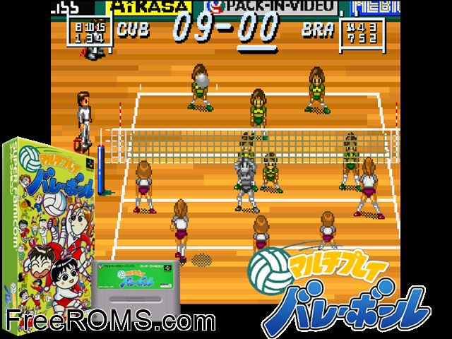 Multi Play Volleyball SNES game showing 3D box cover and gameplay screenshot