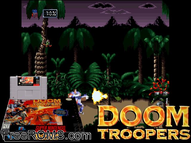 Mutant Chronicles - Doom Troopers SNES game showing 3D box cover and gameplay screenshot