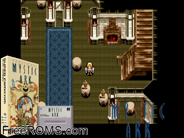 Mystic Ark SNES game showing 3D box cover and gameplay screenshot