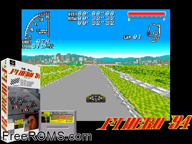 Nakajima Satoru F-1 Hero '94 SNES game showing 3D box cover and gameplay screenshot
