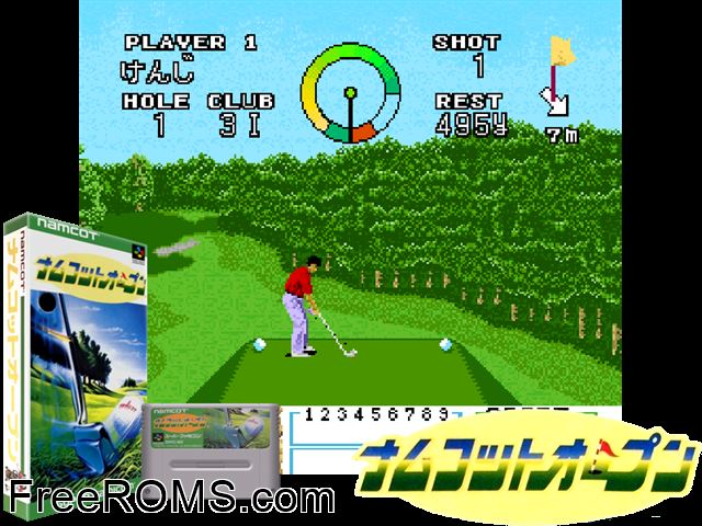 Namco Open SNES game showing 3D box cover and gameplay screenshot