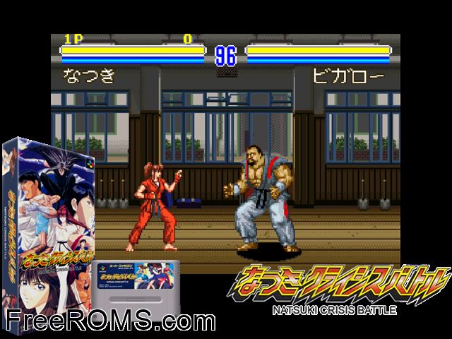 Natsuki Crisis Battle SNES game showing 3D box cover and gameplay screenshot