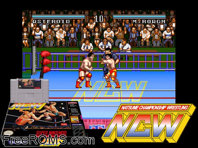 Natsume Championship Wrestling SNES game showing 3D box cover and gameplay screenshot