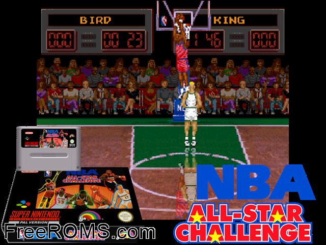 NBA All-Star Challenge SNES game showing 3D box cover and gameplay screenshot