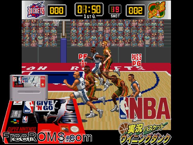 NBA Give 'N Go SNES game showing 3D box cover and gameplay screenshot