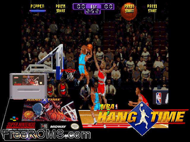 NBA Hang Time SNES game showing 3D box cover and gameplay screenshot