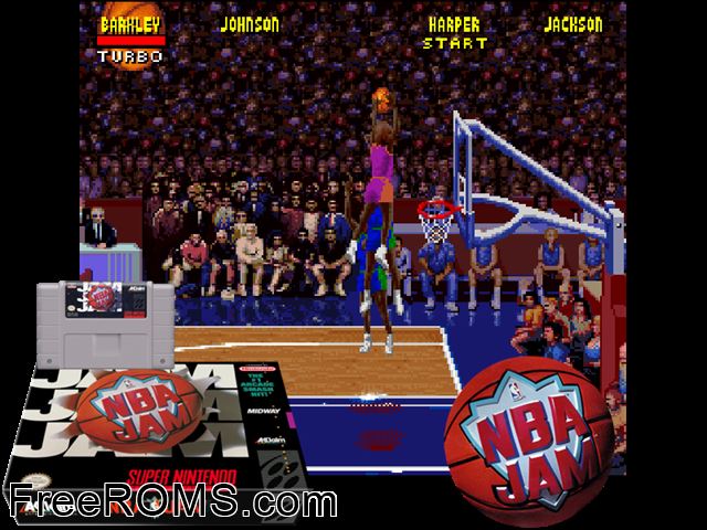 NBA Jam SNES game showing 3D box cover and gameplay screenshot