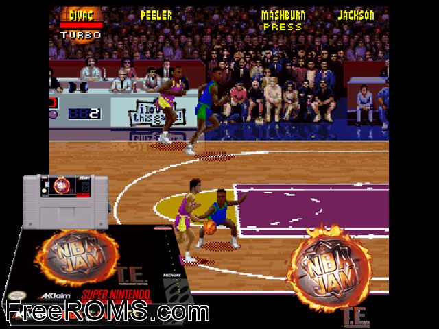 NBA Jam - Tournament Edition SNES game showing 3D box cover and gameplay screenshot