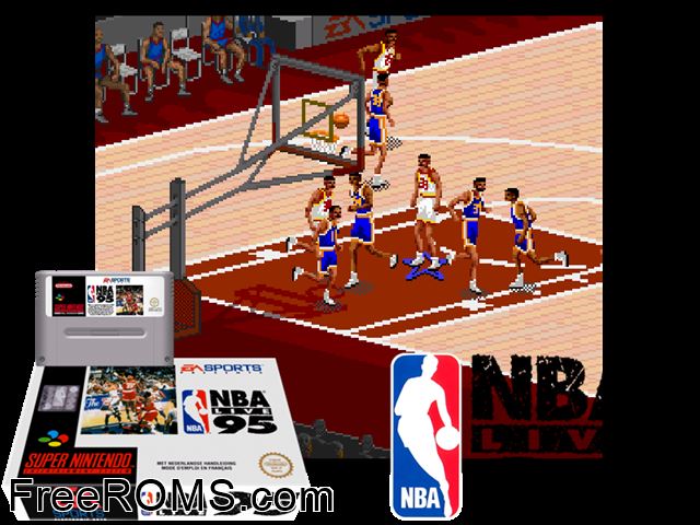 NBA Live '95 SNES game showing 3D box cover and gameplay screenshot