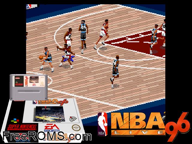 NBA Live '96 SNES game showing 3D box cover and gameplay screenshot
